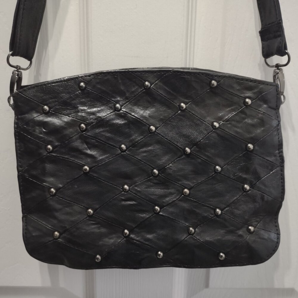 Black leather silver studded crossbody purse - 3 compartments - moto - western